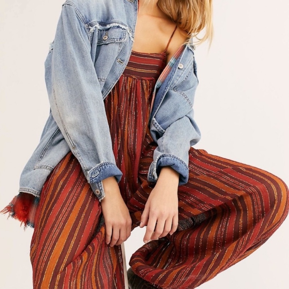 NWT Free People Harem Lurex Jumpsuit brown gold red sleeveless women’s size S - Picture 4 of 13